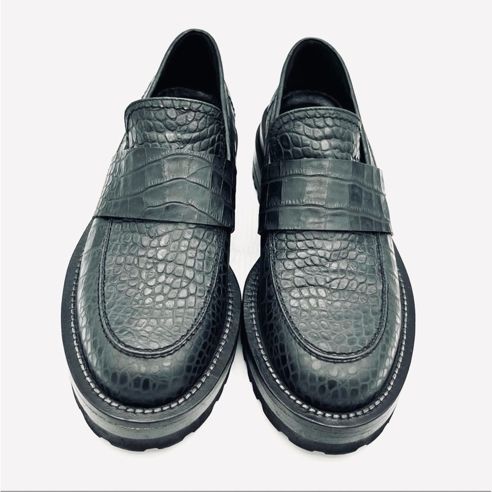 Marni Teal Croc-Effect Embossed Leather Platform Loafers | Lug Sole EU 38 / US 8